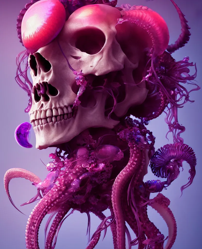 Image similar to goddess close - up portrait human skull, ram skull, squid phoenix jellyfish, orchid, betta fish, bioluminiscent, intricate artwork by tooth wu and wlop and beeple. octane render, trending on artstation, greg rutkowski very coherent symmetrical artwork. cinematic, hyper realism, high detail, octane render, 8 k