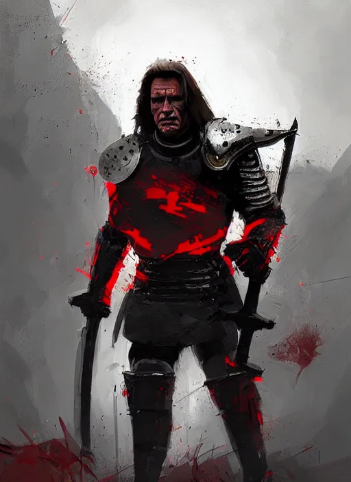 Image similar to schwarzenegger, long hair, wearing a black and red armor and two swords, by ismail inceoglu