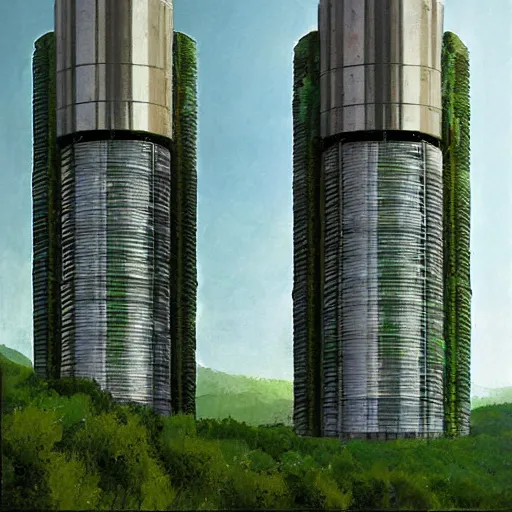 Image similar to vertical farm towers surrounding a sci - fi nuclear containment building in a steep - sided valley with trees, a sense of hope, in the style of edouard groult