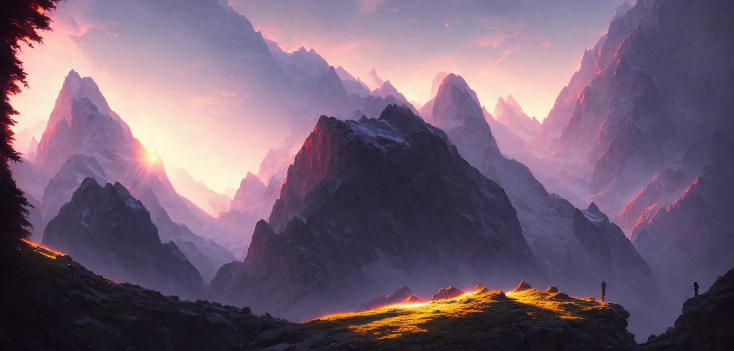 Image similar to Mountain Switzerland, detailed, concept art, low angle, high detail, warm lighting, volumetric, godrays, vivid, beautiful, trending on artstation, by Jordan grimmer, huge scene, art greg rutkowski