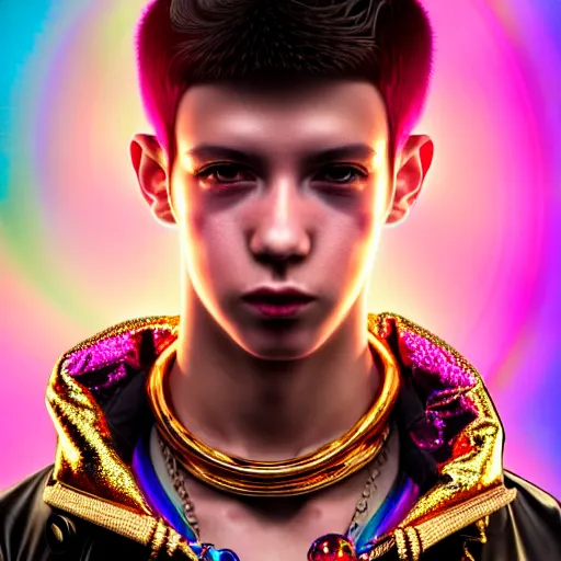 Image similar to hyperdetailed portrait of a cyberpunk european boy with brown hair made of iridescent metals and shiny pink gems, bright rainbow nimbus, gold necklace, gold background inspired by ross tran and masamune shirow and kuvshinov, intricate, photorealistic, octane render, rtx, hdr, unreal engine, dnd digital art by artgerm