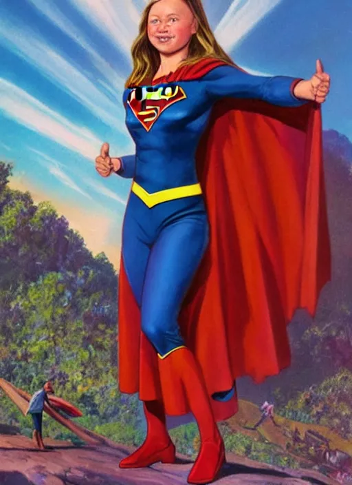 Prompt: greta thunberg as supergirl, artwork by earl norem, detailed digital art, trending on Artstation