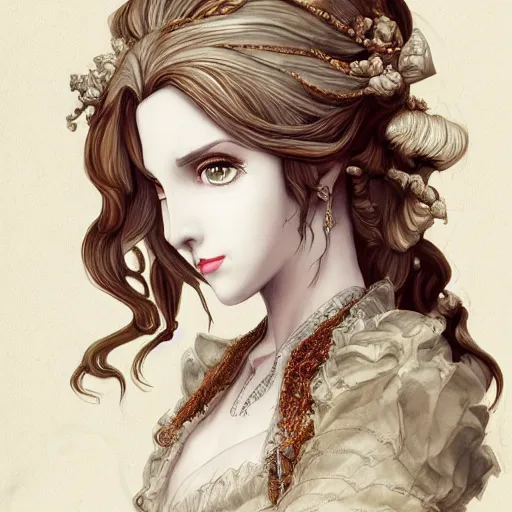 Prompt: portrait of lady dimitrescu, baroque style, elegant, beautiful, mesmerizing, concept art, fancy clothing, highly detailed, artstation, behance, deviantart, inspired by innocent manga, inspired by castlevania concept art, trending, ayami kojima, shinichi sakamoto