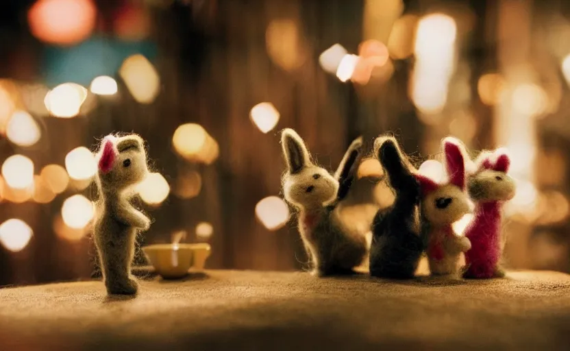 Image similar to miniature cafe diorama, macro photography, cafe with felted bunnies on a date, alleyway, ambient, atmospheric lighting, british, cozy, bokeh, romantic, colorful lanterns, cute decor