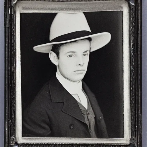 Image similar to close up photo portrait of a 19th male detective in brimmed hat by Diane Arbus and Louis Daguerre