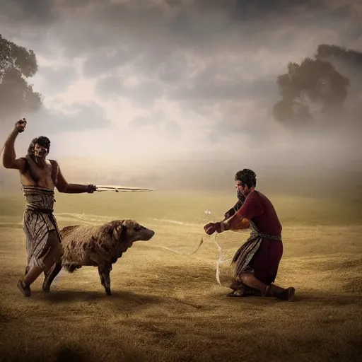 Image similar to photographic portrait of angered Mediterranean skinned man in ancient Canaanite farmer clothing fighting a Mediterranean skinned shepherd in ancient Canaanite shepherd clothing, farm field background, sharp detail, hyper realistic, foggy atmosphere, intense facial expression, octane render