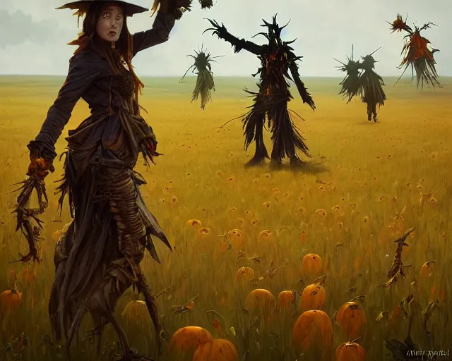 Prompt: field of scarecrows horror scene scary, deep focus, d & d, fantasy, intricate, elegant, highly detailed, digital painting, artstation, concept art, matte, sharp focus, illustration, hearthstone, art by artgerm and greg rutkowski and alphonse mucha