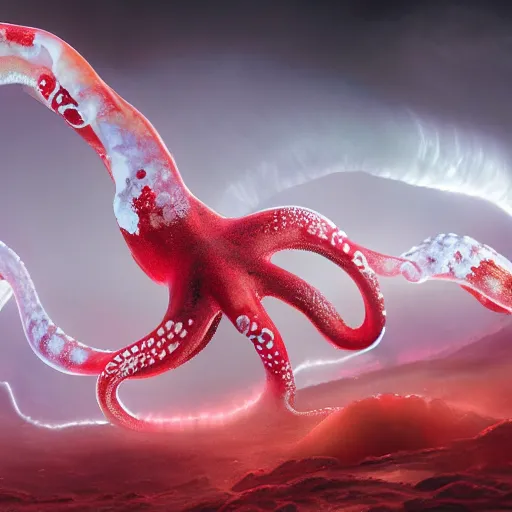 Prompt: 2 flying red and white Octopus made of opal wrestle dramatically in a storm Neon accents Ross Tran Environment Far Away 8K Hyper real ultra detailed