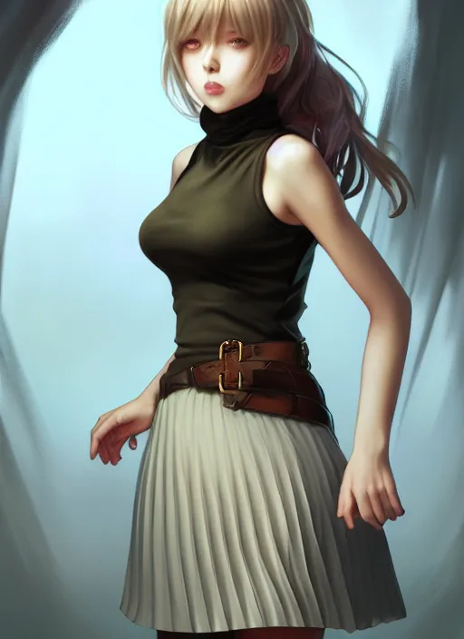 Image similar to portrait of a full body of beautiful young female detective, d & d, sleeveless turtleneck, pleated skirt, fantasy, flat lighting, intricate, highly detailed, digital painting, artstation, concept art, smooth, sharp focus, illustration, misa amane, art by simon bisley and greg rutkowski and alphonse mucha, natural tpose