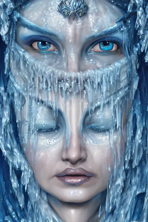 Prompt: Fantasy character portrait of distorted detailed painting of a queen woman made of ice, blue hues, ice blue, icy, hyper detailed, trending on Artstation