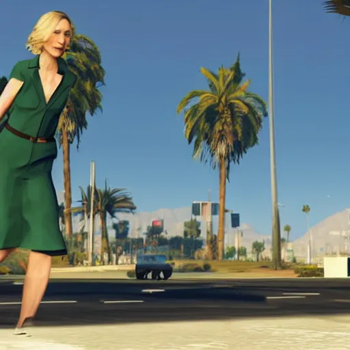 Image similar to cate blanchett in GTA v. Los Santos in the background, palm trees. In the art style of Stephen Bliss.