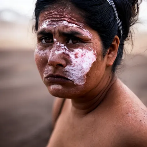 Prompt: A worried Mexican female in her late 30s, with brown skin, dark hair, brown eyes, skin pores, face is covered with volcanic dust. Black dusty background. Dramatic contrasting light. Documentary photo. Beautiful photo. Sigma 40mm f/1.4 DG HSM