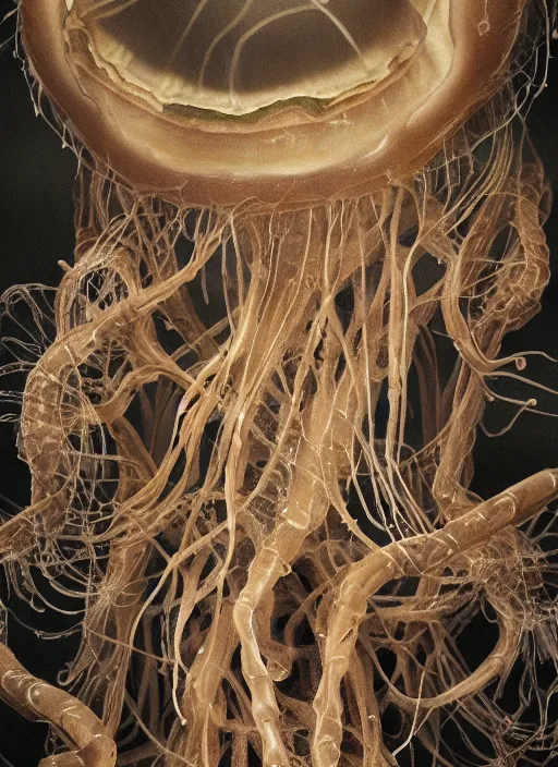 Prompt: magic jellyfish with translucent skin, visible muscles and veins and arteries and bones and spines and nerves, beautiful detailed intricate insanely detailed octane render, 8k artistic photography, photorealistic, chiaroscuro, by David Cronenberg, Raphael, Caravaggio