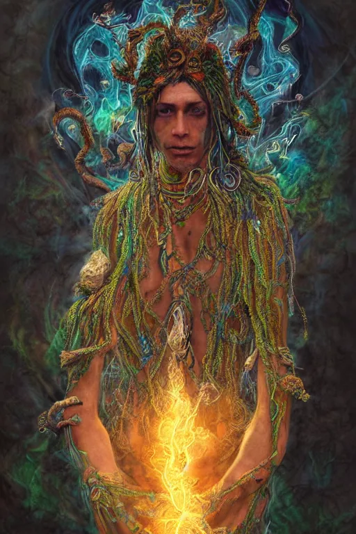 Prompt: full body psychedelic shaman with trinket necklace, epic angle and pose, symmetrical artwork, ayahuasca, translucent, fungus, energy flows of water and fire, highly detailed, epic cinematic concept art, excellent composition, dystopian brutalist atmosphere, dynamic dramatic lighting, aesthetic, very inspirational, arthouse, Greg Rutkowski, Artgerm