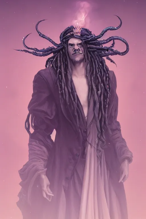 Prompt: vaporwave, an elegant sophisticated gothic king with long wild dreads, straight on, by artgerm, jamie hewlett, tom bagshaw, gerald brom, 4 k, smooth, hd, substance designer render, full body character concept art, 2 point studio lighting,