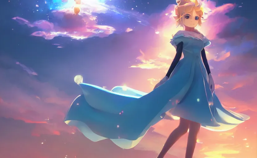 Prompt: Princess rosalina, anime painting, 3d render, hyper realistic, dramatic lighting, the sky is a nebula on fire, 8k hdr pixiv dslr photo by Makoto Shinkai ilya kuvshinov and Wojtek Fus, digital art, concept art,