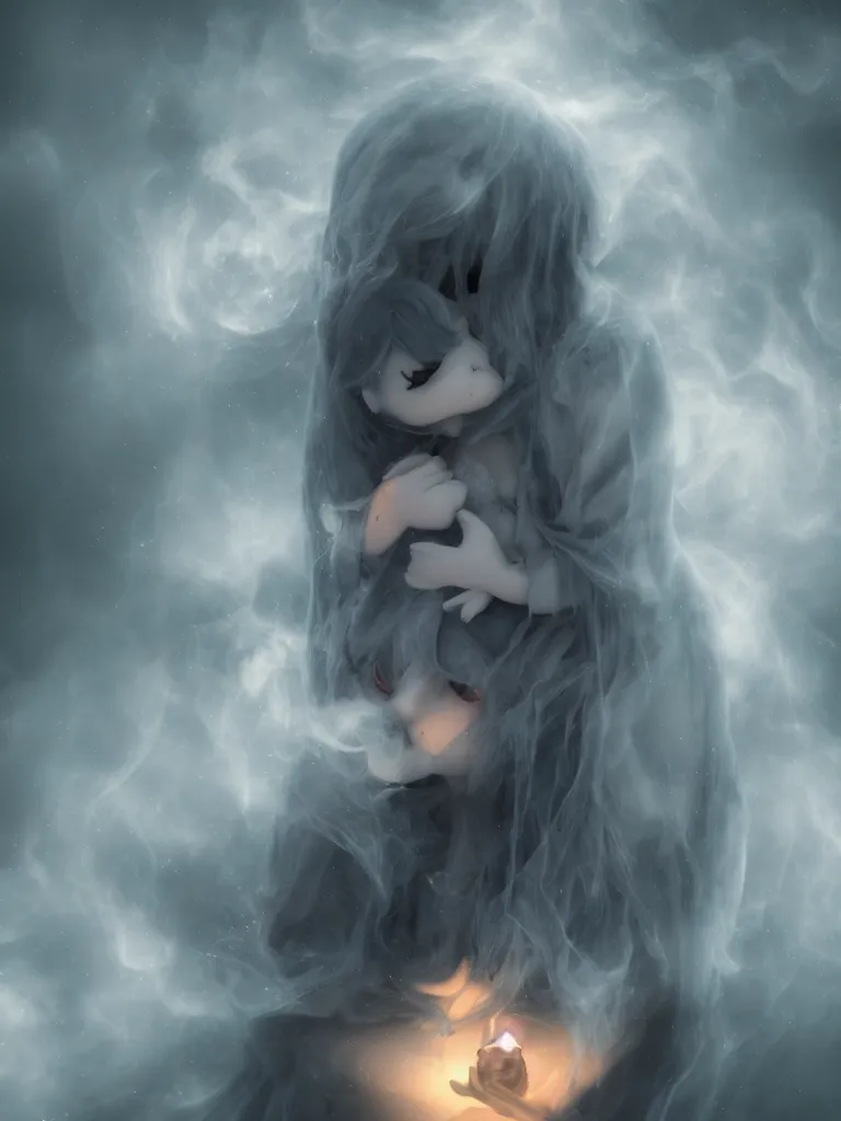 Image similar to cute fumo plush of a cursed frail witch girl held tight in the arms of a translucent ghost mother, hugging and cradling, anime, melting volumetric smoke and fog, environment map pbr reflective stormy water, gothic maiden, bokeh, vignette, vray