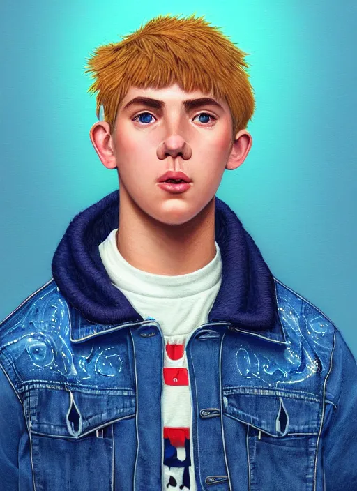 Prompt: portrait of high school senior boy named big moose, blonde short hair, jock, beefy, wide face, square jaw, square facial structure, blue varsity jacket with the word moose, intricate, elegant, glowing lights, highly detailed, digital painting, artstation, concept art, sharp focus, illustration, art by wlop, mars ravelo and greg rutkowski