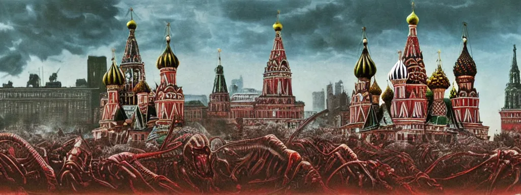 Image similar to alien predator attacks moscow red square. extreme long shot. art by Leonardo da Vinchi. extremely high detail