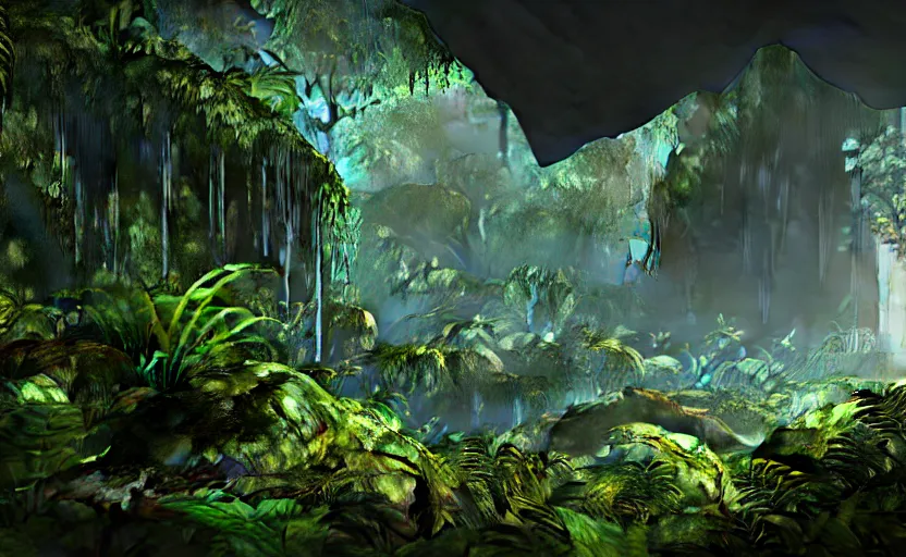 Prompt: a beautiful render of a dark prehistoric rainforest in a humongous cave, lush flora, patches of sky, sunset, floating mountains and a waterfall in the background, intricate detail, hazy, humid, volumetric lighting, 8 k, photorealistic, raytracing effects, unreal engine 5