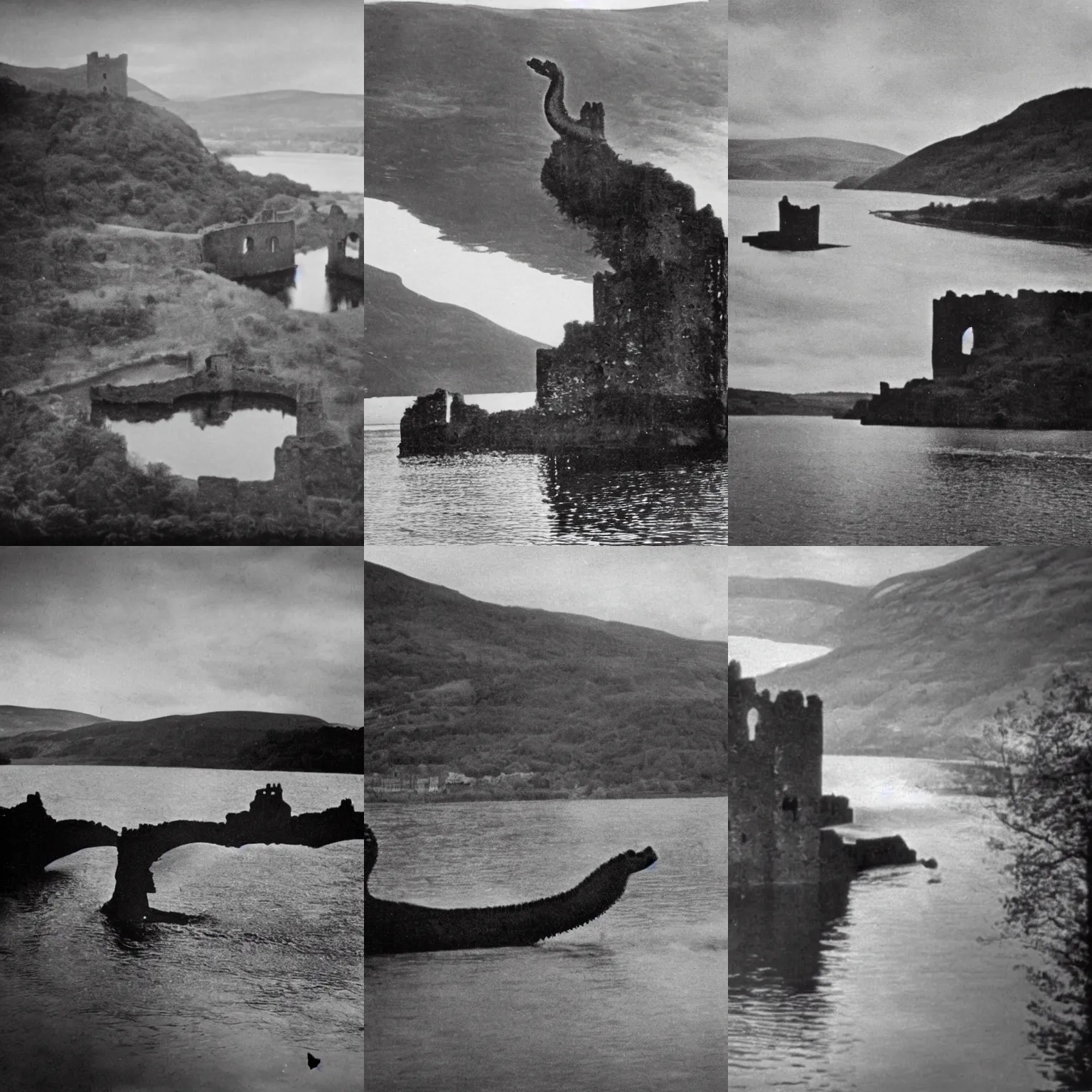 Prompt: a grainy picture from the 1930s of Nessie emerging from the water near Urquhart Castle