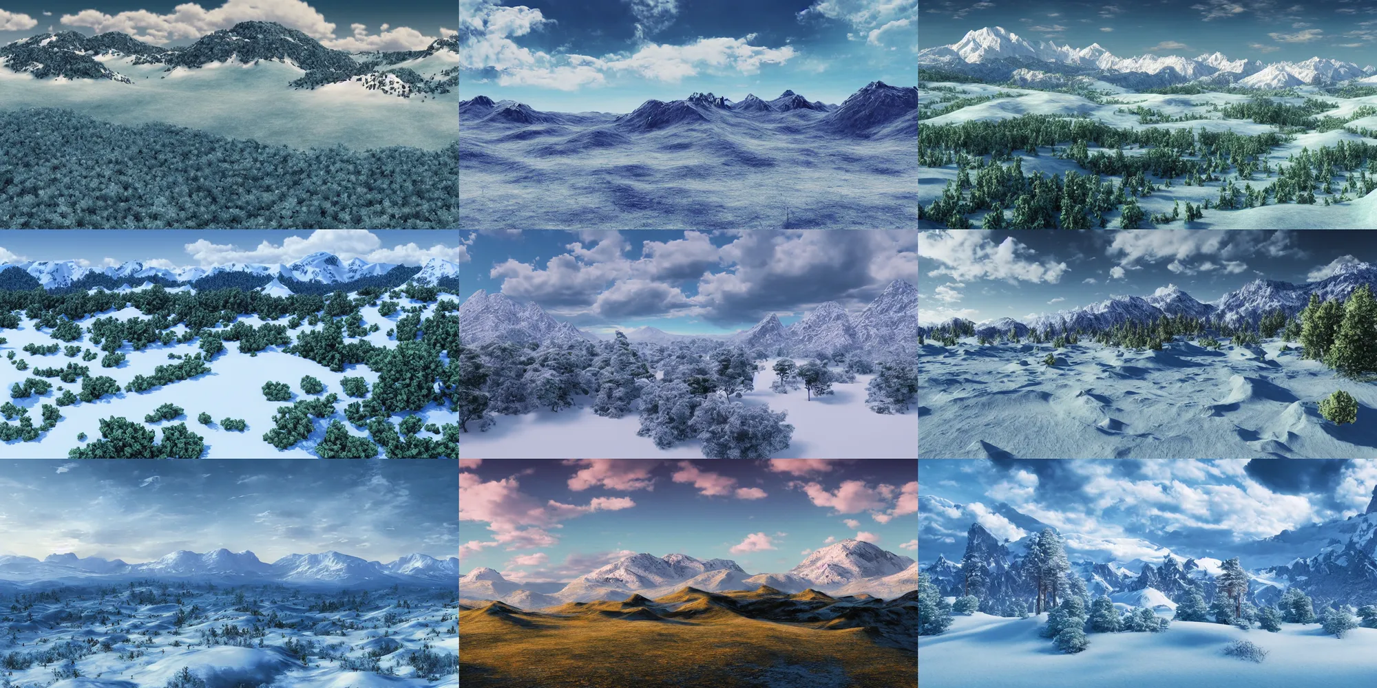 Prompt: a surreal landscape where the sky is a deep, rich blue and the land is a mix of different shades of green. In the distance, there are mountains that are covered in a blanket of snow. Vray