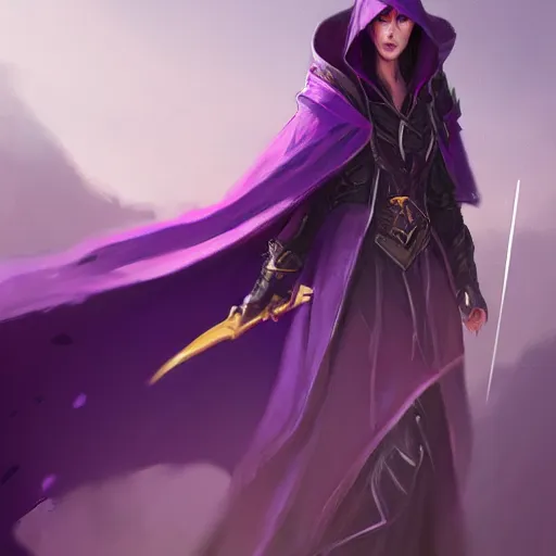 Image similar to female warlock long hood cloak purple, fighting monster with magic, 8 k, trending on artstation by tooth wu and greg rutkowski