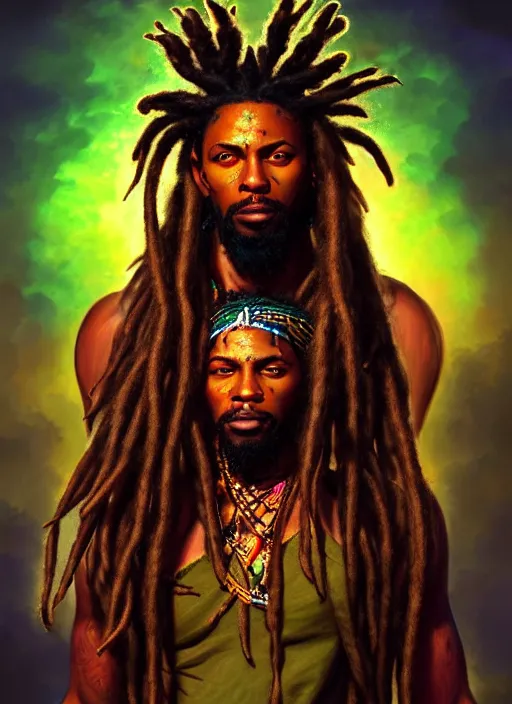 Image similar to portrait of fearless jamaican rasta warrior with flowing dreadlocks, surrounded by spirit of ganja. afrogoth intricate digital matte painting concept art, warpaint aesthetic, colorful, psychedelic, beautifully backlit, subtle tones, sharp focus, cinematic aesthetic octane render, volumetric lighting, by edmund leighton, james jean, ross tran and artgerm