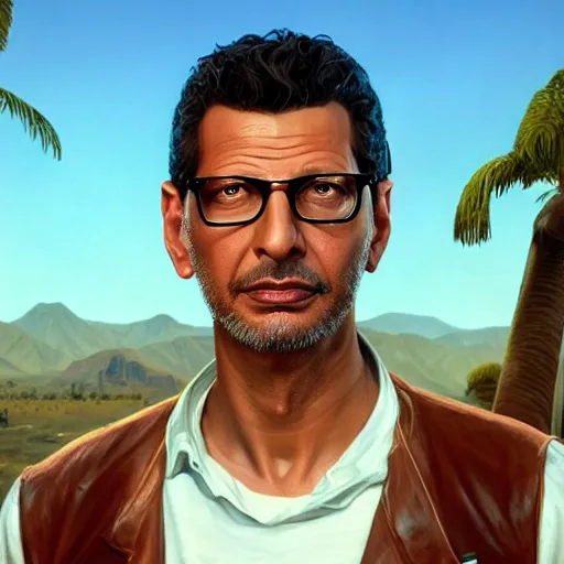 Image similar to Portrait of a Jeff Goldblum in a grand theft auto 5 loading screen , art by Albert Bierstadt and James Gurney, highly detailed, digital painting, matte painting, concept art, illustration, oppressive lighting, trending on artstation, very detailed