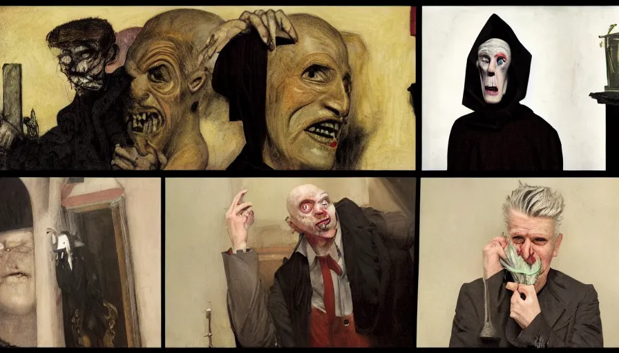 Prompt: torso and head portrait of david lynch as nosferatu, by lawrence alma tadema and rick berry and norman rockwell and jacob collins and tom lovell and frank schoonover