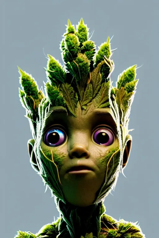 Prompt: duotone concept illustration 3 / 4 portrait of kid face consisting of marijuana, baby groot, cannabis!, high quality 3 d render very cute cyborg weed! incorporated speakers!, cyberpunk highly detailed, unreal engine cinematic smooth, in the style of blade runner & detective pikachu, hannah yata charlie immer, moody light, low angle, uhd 8 k, sharp focus