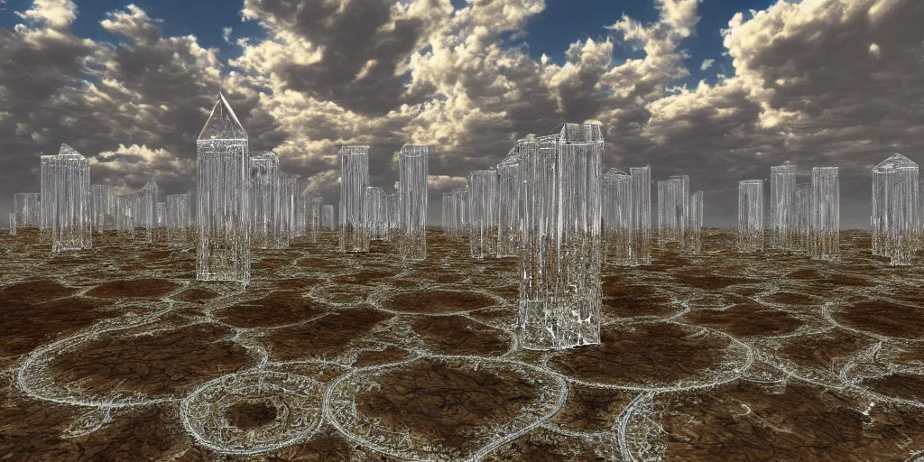 Prompt: long and tall fractal diamond crystal glass houses, desert, clouds, steam, artstation