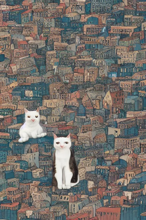 Image similar to a anthropomorphic cat in a cats city from the top of a roof