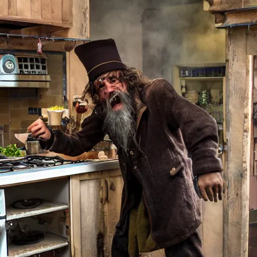 Image similar to british magical hobo breaks into some ork's kitchen and attacks them, 4 k, detailed, real life photo