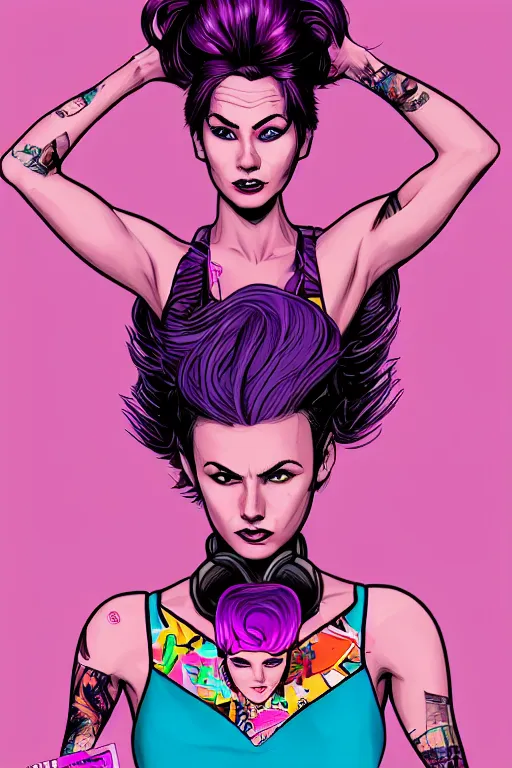 Image similar to a award winning half body porttrait of a beautiful woman in a croptop with ombre purple pink teal hairstyle with head in motion and hair flying by marvel comics and sandra chevrier, outrun, vaporware, illustration, digital art, trending on artstation, highly detailed, fine detail, intricate