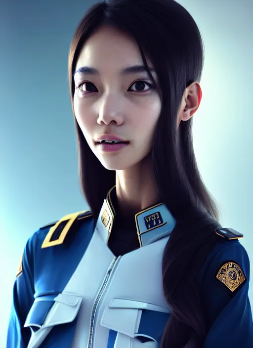 Image similar to portrait of angelababy, futuristic hong kong police uniform girl, au naturel, hyper detailed, digital art, trending in artstation, cinematic lighting, studio quality, smooth render, unreal engine 5 rendered, octane rendered, art style by klimt and nixeu and ian sprigger and wlop and krenz cushart