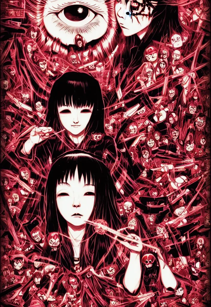 Prompt: a comic book style japanese horror poster of vampire girl with large eyes by dan mumford, yusuke murata and junji ito, blood lines, yokai, shinigami, eyes, shurikens, kanji, synthwave, 8k, unreal engine, trending on artstation, pixiv, intricate details, volumetric lighting