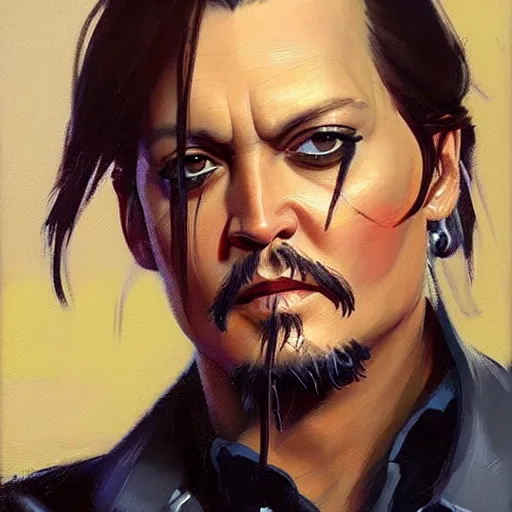 Image similar to greg manchess portrait painting of johny depp as overwatch character, medium shot, asymmetrical, profile picture, organic painting, rainy day, matte painting, bold shapes, hard edges, street art, trending on artstation, by huang guangjian and gil elvgren and sachin teng