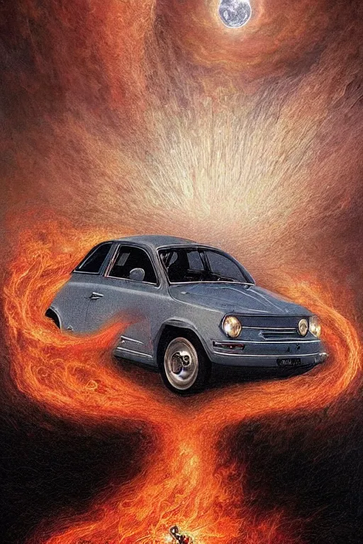 Image similar to Intricate stunning highly detailed white Fiat 600 from the 70s built in Spain, digital painting by agostino arrivabene and Vladimir Kush, surreal, ultra realistic, Horror vacui, dramatic lighting, full moon, thick black swirling smoke tornado, burning fire embers, artstation