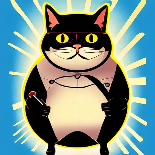 Image similar to Cute digital art depicting a fat cat as The Terminator (1984), glowing eyes