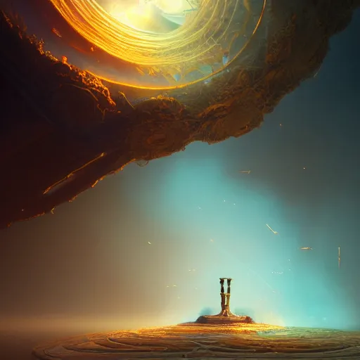 Image similar to within a flower the whole and finite capsule apparent with awe the apparition, an idea seep's into infinity highly detailed in volumetric latent space, golden turquoise steampunk, high contrast cinematic light, mystical shadows, sharp focus, divine realm of gods, octane render, artist by greg rutkowski,