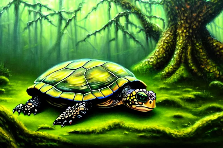 Prompt: highly detailed oil painting of a mossy turtle monster in the forest, featured on pixiv