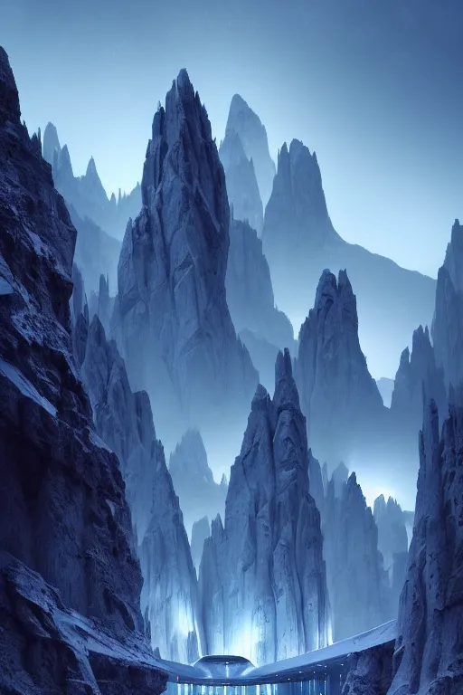 Prompt: futuristic atmosphere in the snowy craggy mountains dolomites 3 d concept art, neon lights, cinematic lighting, rule of thirds, depth of field, intricate details, building by zaha hadid, stormy weather, emissary space by arthur haas and bruce pennington and john schoenherr, cinematic matte painting, dark moody colors, trending on artstation, featured on behance