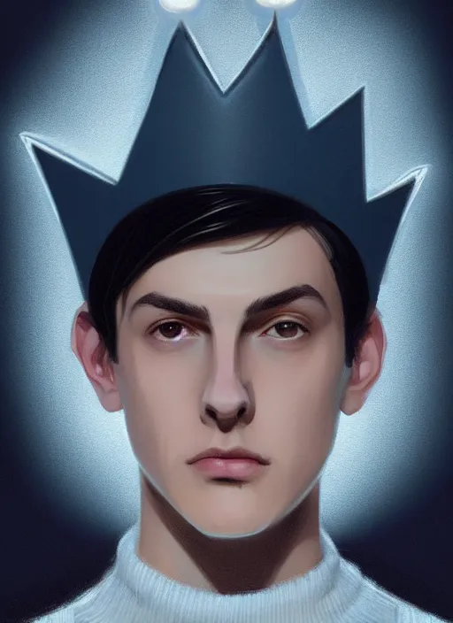 Image similar to portrait of teenage jughead jones wearing a light grey crown, crown, blue turtleneck, closed eyes, photorealistic, black hair, glowing lighting, intricate, elegant, glowing lights, highly detailed, digital painting, artstation, concept art, smooth, sharp focus, illustration, art by wlop, mars ravelo and greg rutkowski