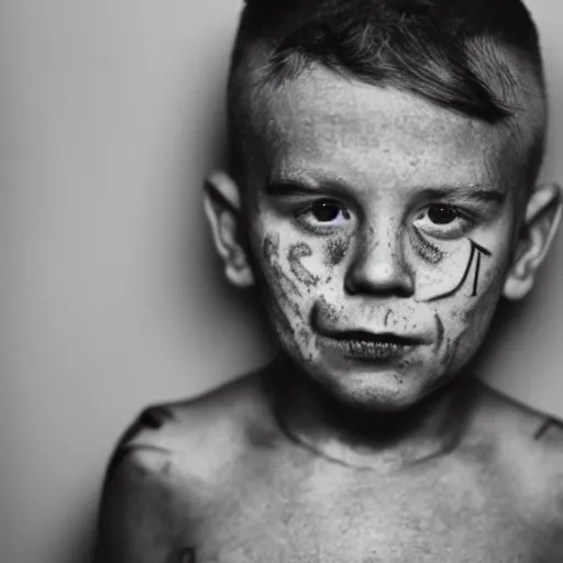 Prompt: mugshot photograph of a five year old boy with gang tattoos, facial tattoo, beard by annie leibovitz, red hair, freckles