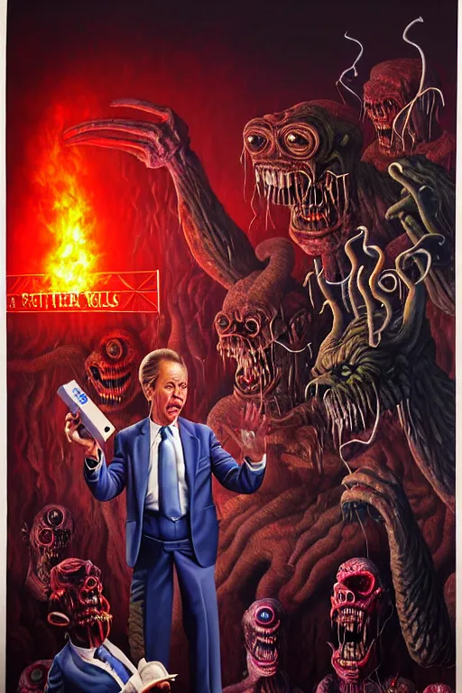 Prompt: a hyperrealistic painting of a news reporter interviewing monsters at the gates of hell, cinematic horror by jimmy alonzo, the art of skinner, chris cunningham, lisa frank, richard corben, highly detailed, vivid color,