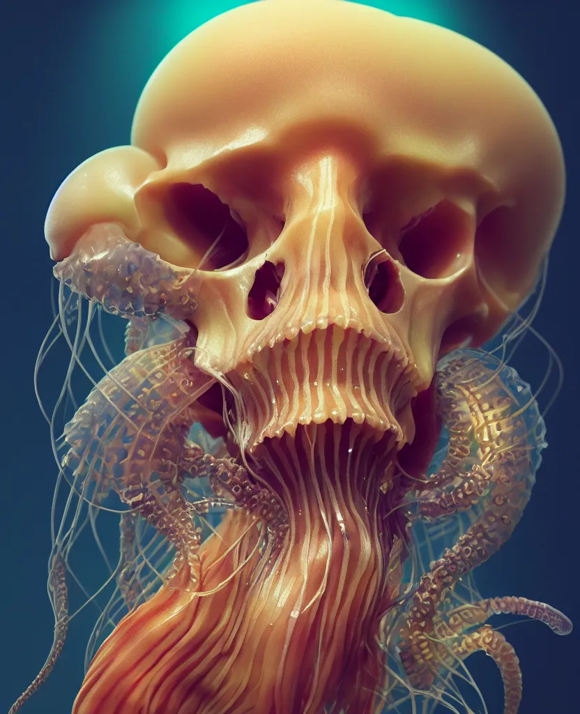 Image similar to goddess close-up portrait animal skull. jellyfish phoenix head, nautilus, orchid, skull, betta fish, bioluminiscent creatures, intricate artwork by Tooth Wu and wlop and beeple. octane render, trending on artstation, greg rutkowski very coherent symmetrical artwork. cinematic, hyper realism, high detail, octane render, 8k