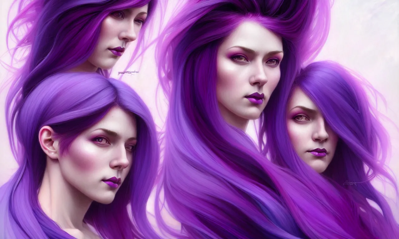 Image similar to Purple hair relistic Portrait of a two woman with bright colored flying hair, all shades of purple. Beauty face, Hair coloring, fantasy, intricate, elegant, highly detailed, digital painting, artstation, concept art, smooth, sharp focus, illustration, art by artgerm and greg rutkowski and alphonse mucha