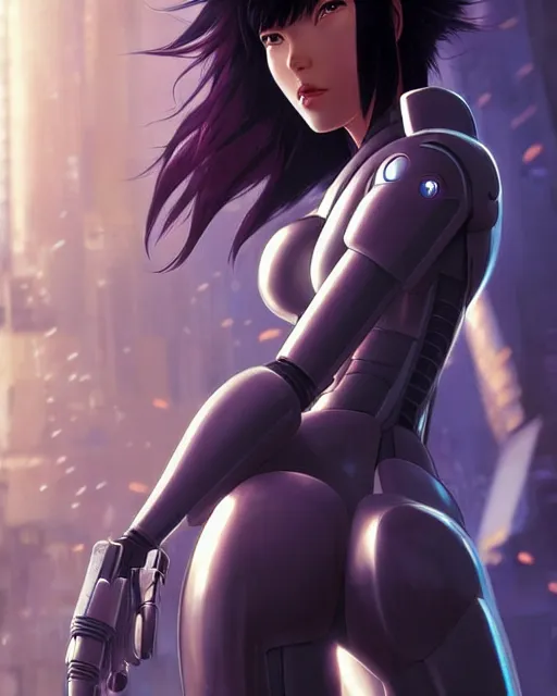 Image similar to weta disney pixar movie still portrait photo of motoko kusanagi the major ghost in the shell as cyborg woman by pixar, by weta, wlop, ilya kuvshinov, rossdraws, artgerm, maxim cover, latex, sweaty, iridescent, bright morning, anime, liosh, mucha