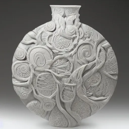 Image similar to the yggdrasil multiverse vase. highly detailed carving on southern ice porcelain, partially glazed, woodfired, 85mm dslr art gallery photo